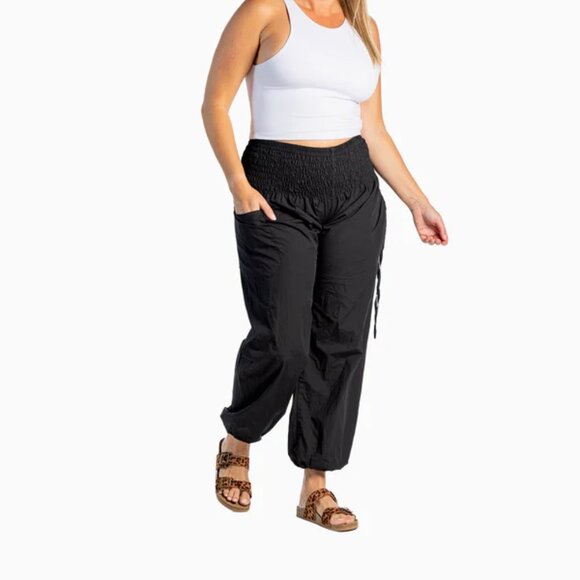 Bali Pant Smocked Waist Accent Tapered Leg Outdoor Travel Pockets Pants Black - Picture 4 of 11